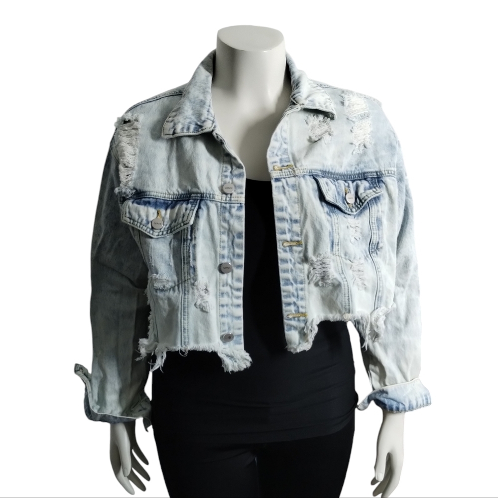 CEROS Distressed Crop Denim Jacket‎ Women's M Grungecore , Streetwear,